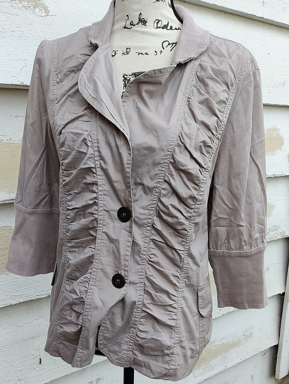 XCVI Taupe Gathered-Front, Raw Edge Hems Y2K Blazer Jacket